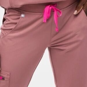 Figs Zamora™ - High Waisted Scrub Pants - MAUVE w/ Pink drawstring
